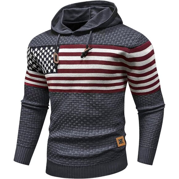 Men's Grey Hooded Sweatshirt Long Sleeve American Flag Knitted Hoodie